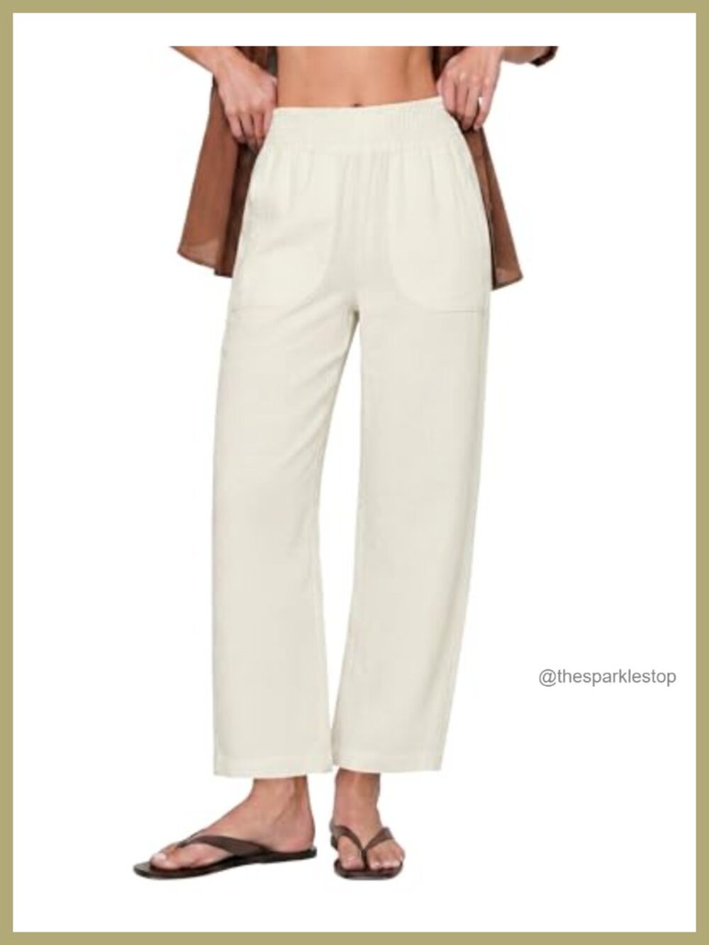 Linen Pants Wide Leg High Waisted Cropped Barrel Pull On Smocked Elastic Waist